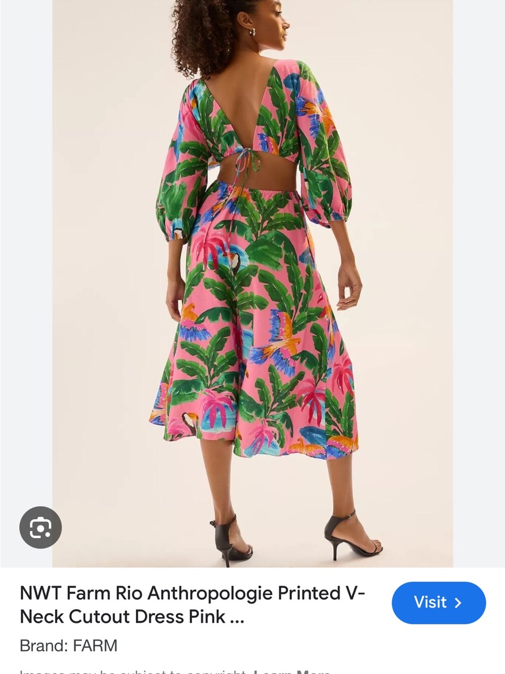 FARM Rio Pink Tropical Cutout Midi Dress with Green Leaf Motif